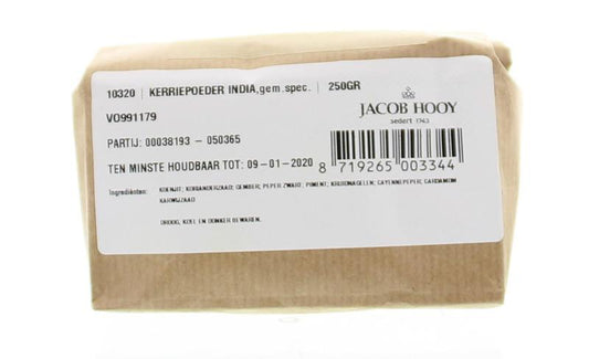 Jacob Hooy Kerriepoeder India 250g, aromatic curry spice blend in a jar, used for flavorful Indian dishes.
