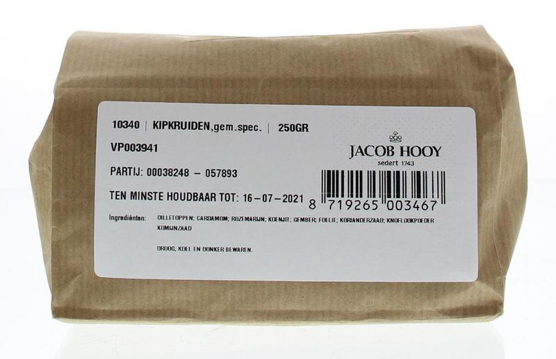 Jacob Hooy kipkruiden, 250g, herbal seasoning mix in a clear jar with a green lid, used for flavoring chicken dishes.