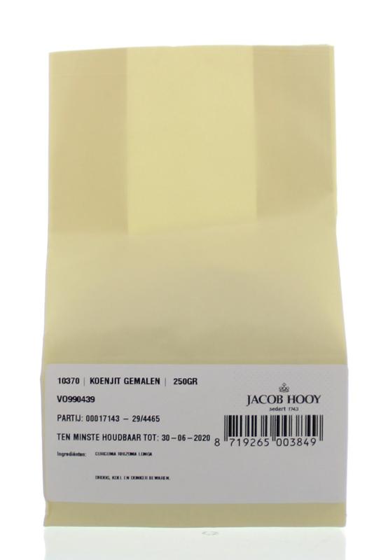 Ground turmeric rhizome in a jar, Jacob Hooy brand, 250g, used as a spice and in cooking, shown in the image.