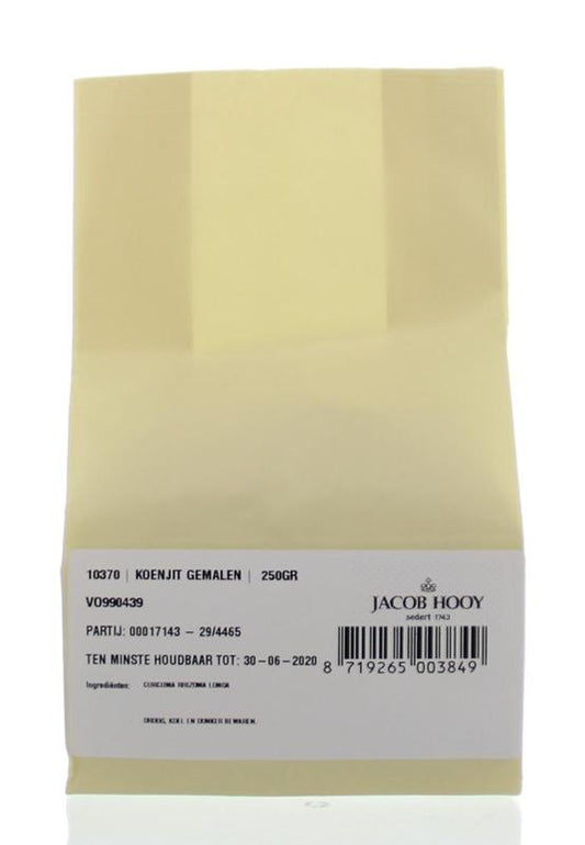 Ground turmeric rhizome in a jar, Jacob Hooy brand, 250g, used as a spice and in cooking, shown in the image.