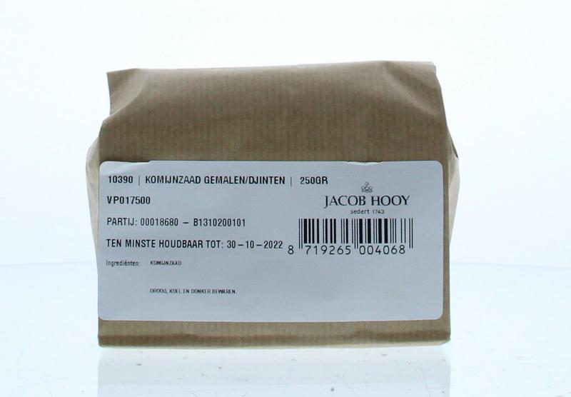 Ground cumin seeds in a jar from Jacob Hooy, 250 grams, used as a spice in cooking, with a focus on the jar and spice details.