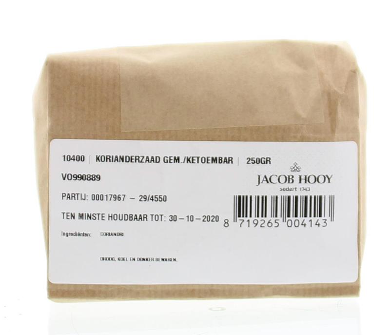 Ground coriander seeds from Jacob Hooy, 250g, in a clear jar, showcasing fresh, aromatic spice for cooking and seasoning.