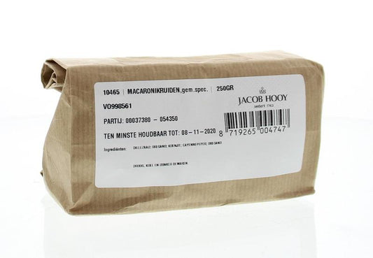 Jacob Hooy Macaronikruiden 250g, a mix of herbs, salts, and meal seasonings, displayed in a clear jar with colorful herbs inside.