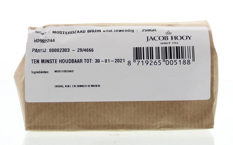 Brown mustard seeds in a 250g jar from Jacob Hooy, used as a spice in cooking and seasoning.