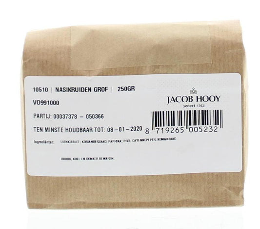 Jacob Hooy Nasikruiden grof 250g, a blend of herbs, salt, and spices for flavorful cooking, shown in a clear container.