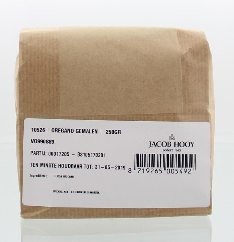 Ground Jacob Hooy oregano in a 250g package, fresh dried herbs for cooking, part of kruiden, zouten en maaltijdmixen.