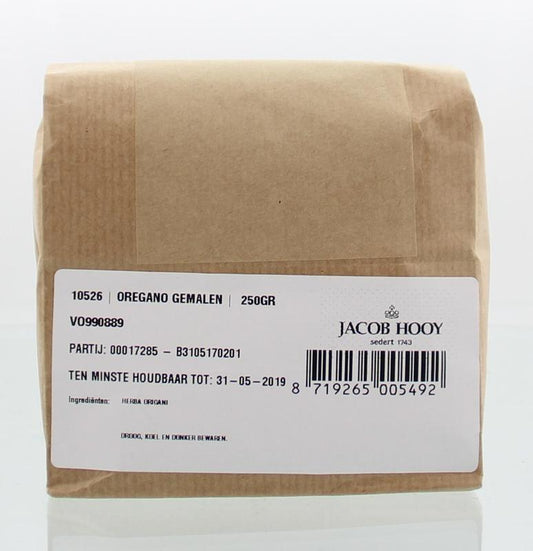 Ground Jacob Hooy oregano in a 250g package, fresh dried herbs for cooking, part of kruiden, zouten en maaltijdmixen.