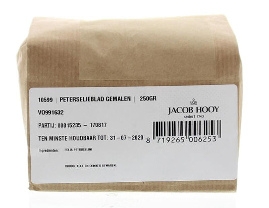 Ground parsley leaf from Jacob Hooy, 250 grams, in a clear jar showing fresh green dried herb.