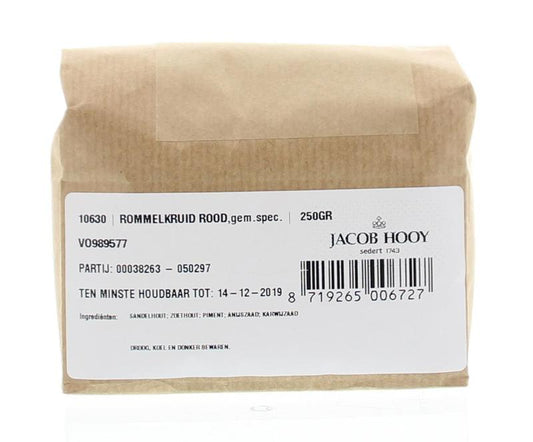 Jacob Hooy Rommelkruid rood, 250g, a blend of herbs and spices for cooking, displayed in a clear container.