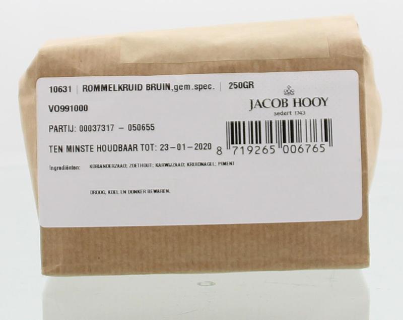 Jacob Hooy Rommelkruid brown spice container with 250g of herbal seasoning, part of kruiden, zouten en maaltijdmixen collection.