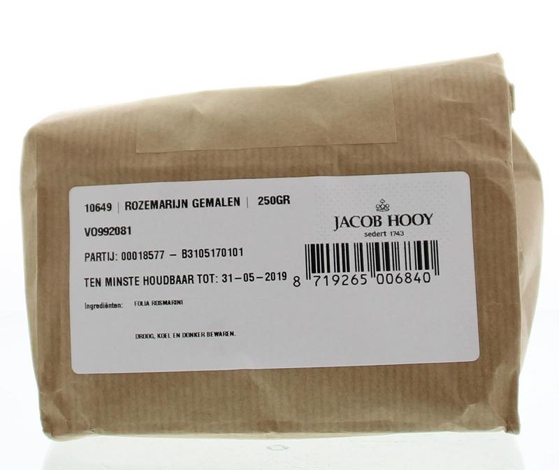 Grounded rosemary from Jacob Hooy in a 250g jar, ideal for herbs, spices, and culinary seasoning.