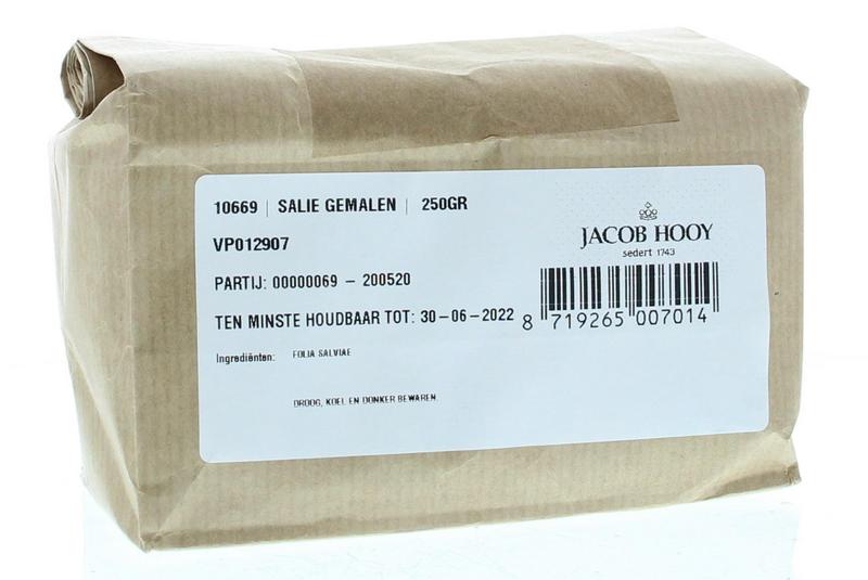 Jacob Hooy ground sage in a 250g container, part of herbal, salt, and seasoning mixes, with fresh leaves and packaging visible.