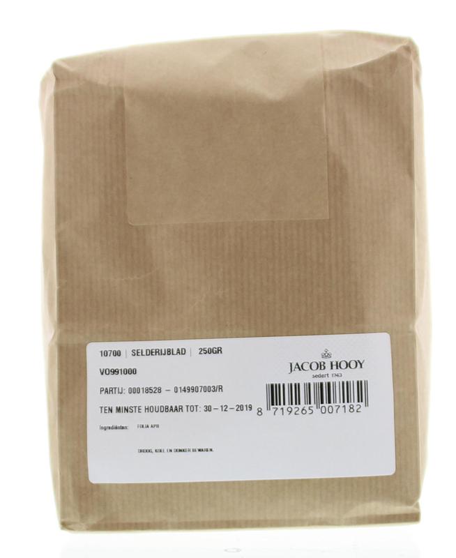 Fresh Jacob Hooy celery leaf in 250g package, used as herb or seasoning in cooking, from the Kruiden, Zouten en Maaltijdmixen line.