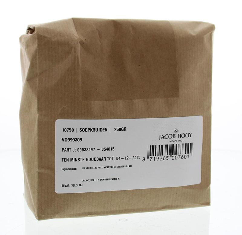 Jacob Hooy soepkruiden in 250g package, fresh herbs and seasoning blend for soups and meals, in a clear plastic bag.