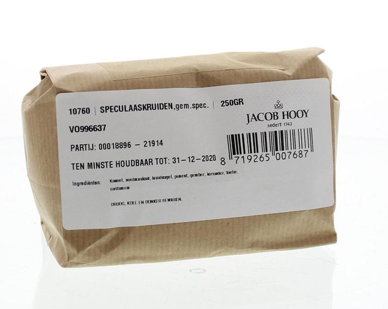 Jacob Hooy Speculaaskruiden in a 250g jar, a blend of spices for baking and cooking, with a warm, aromatic appearance.