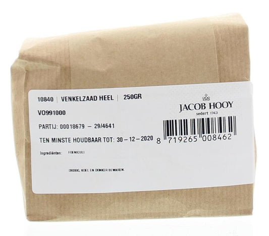 Jacob Hooy venkelzaad in a 250g package, a flavorful fennel seed used in herbs, spices, and cooking ingredients.