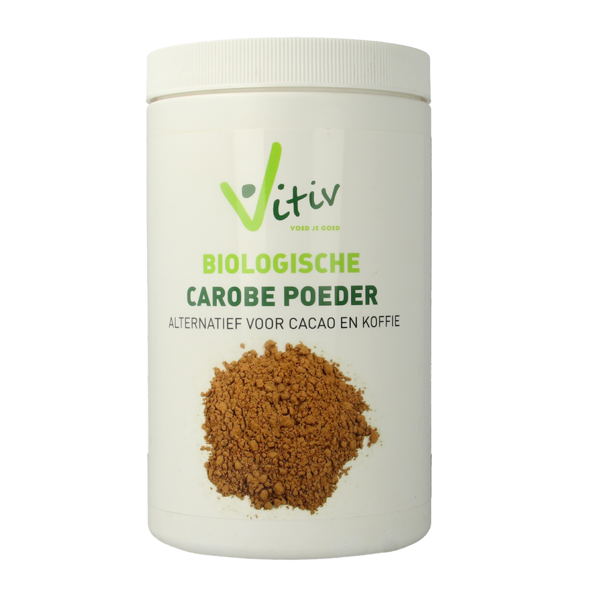 Vitiv organic carob powder in a 500g container, natural chocolate substitute, shown in a resealable bag.