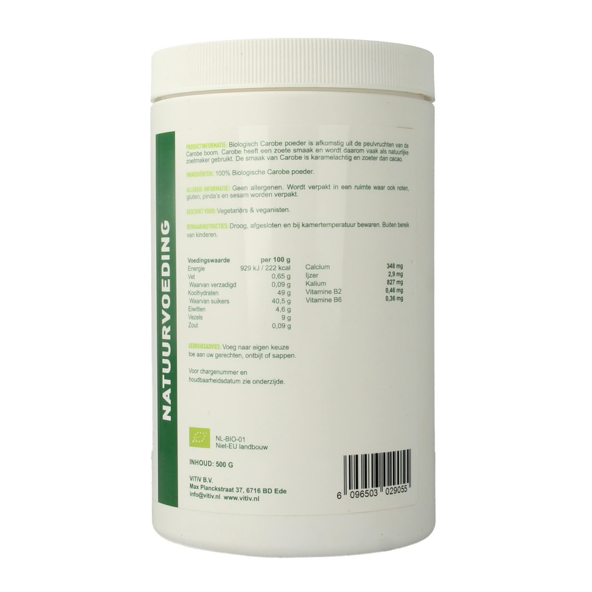 Vitiv organic carob powder in a 500g bag, natural chocolate substitute with fine, dark brown powder for baking and smoothies.