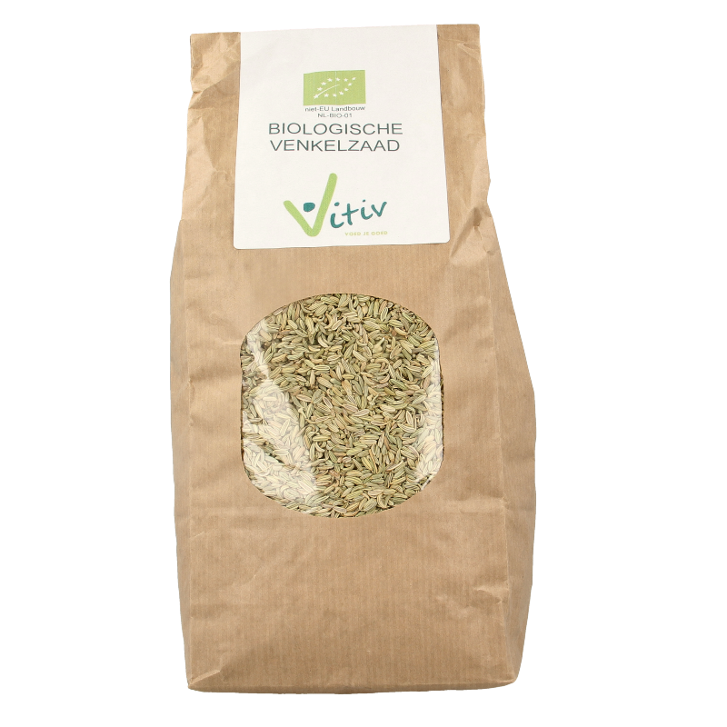 Organic Vitiv fennel seeds in a 1kg package, used as herbs, spices, and meal mixes in cooking and flavoring.