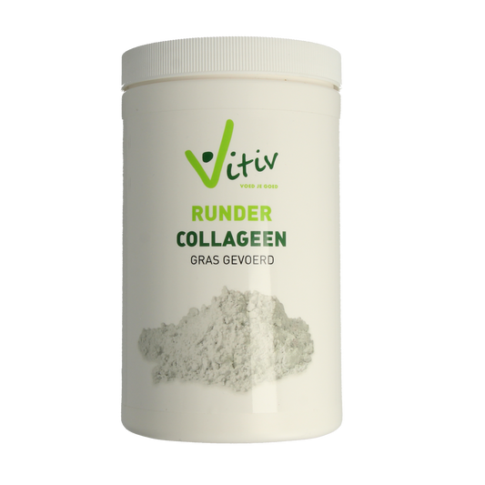 Vitiv Rundercollageen grasgevoerd voedingssupplement, 500g, with gelatinous texture and natural beef collagen appearance.