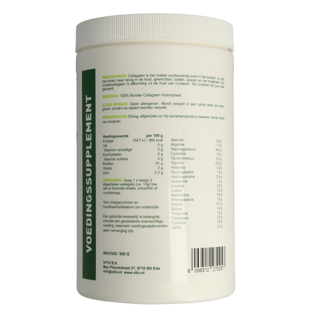 Vitiv Rundercollageen grasgevoerd voedingssupplement in 500g package, featuring collagen supplement for skin and joint support.