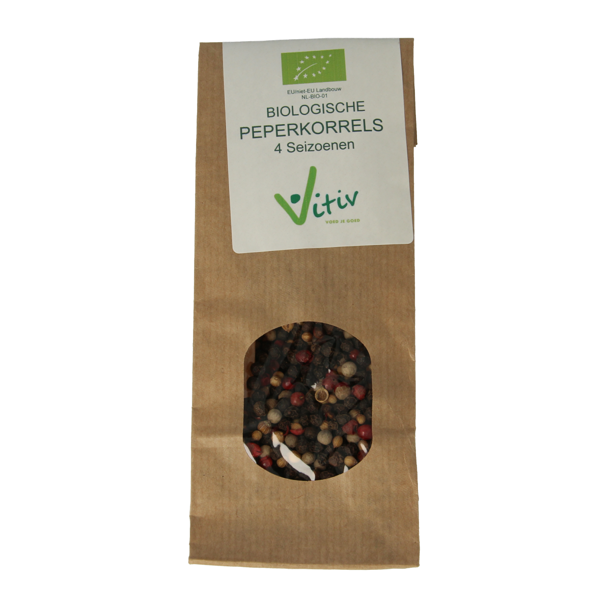Vitiv Peperkorrels 4 seizoenen bio, 40g, whole black peppercorns in a clear jar for seasoning and cooking.