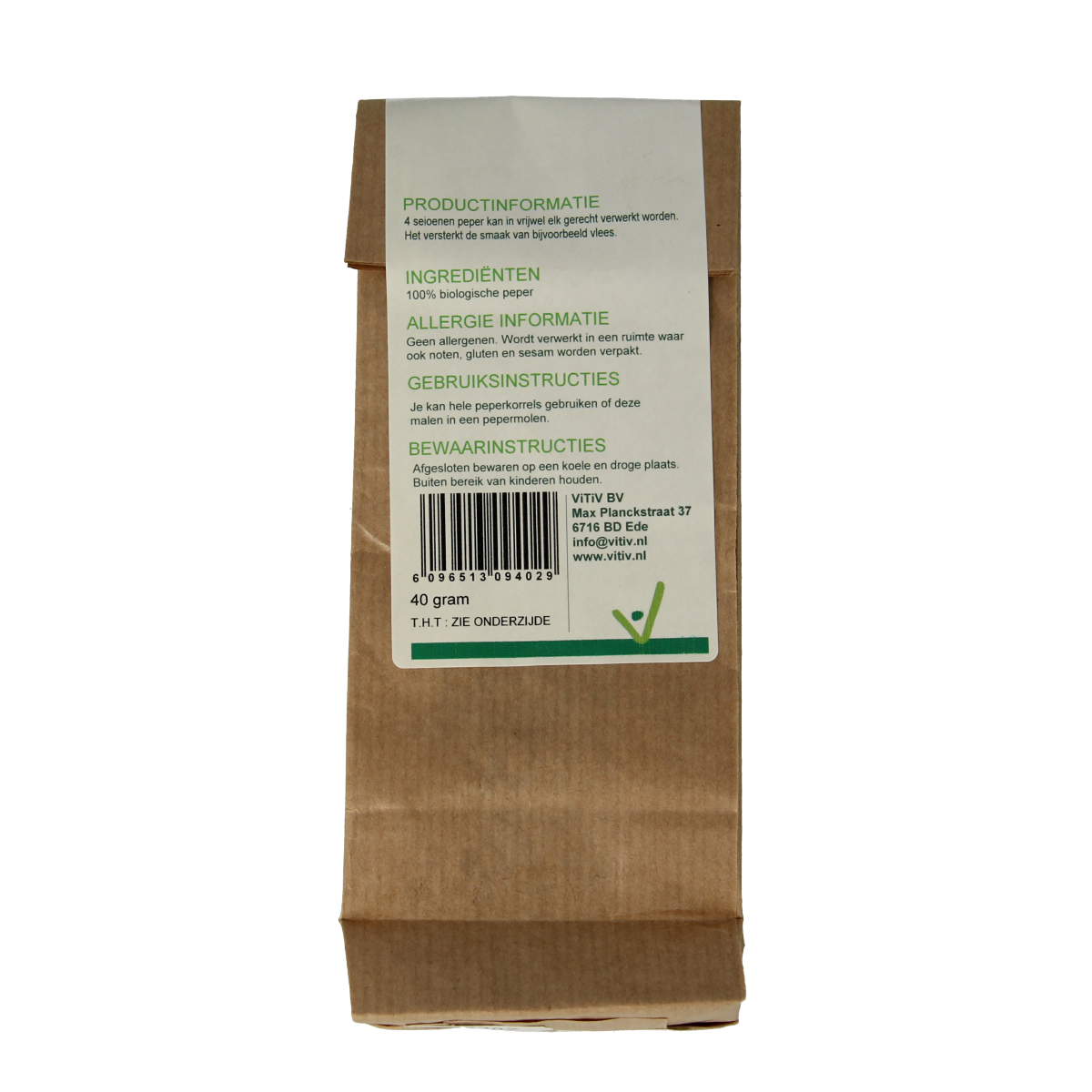 Vitiv Peperkorrels 4 seizoenen bio, 40g, organic mixed peppercorns for seasoning and cooking.