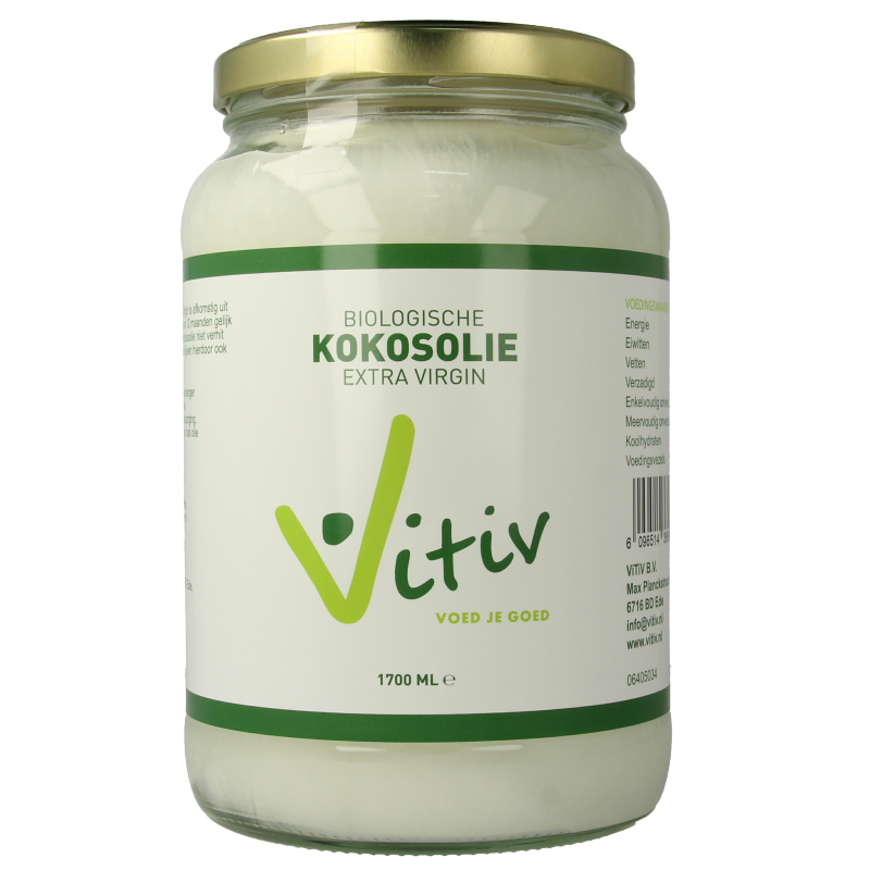 Vitiv extra virgin bio coconut oil in a 1700ml bottle, natural and organic, for cooking and skincare purposes.