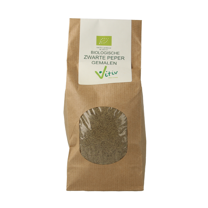 Vitiv Peper gemalen zwart bio, 250g, organic black pepper spice in a clear container with a black lid.