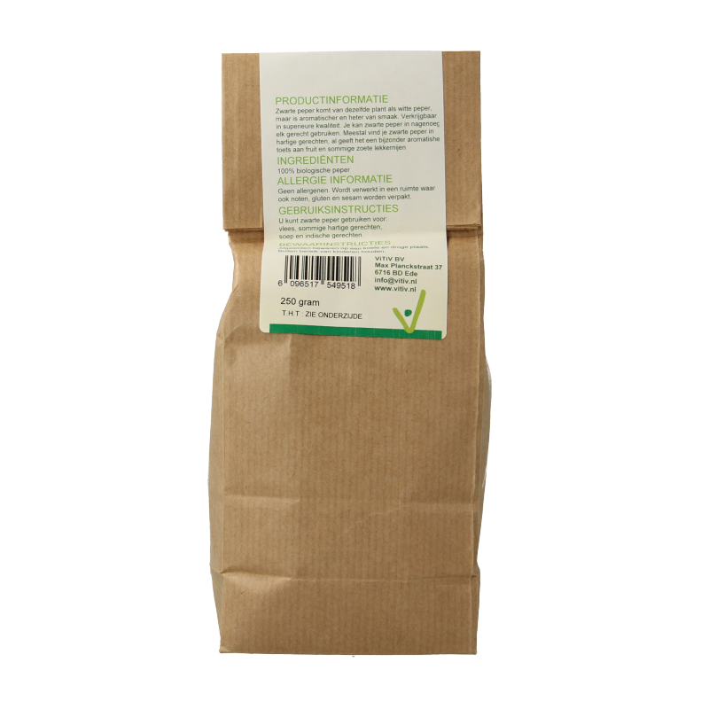 Vitiv Peper gemalen zwart bio, 250g, organic black ground pepper in a clear spice jar.