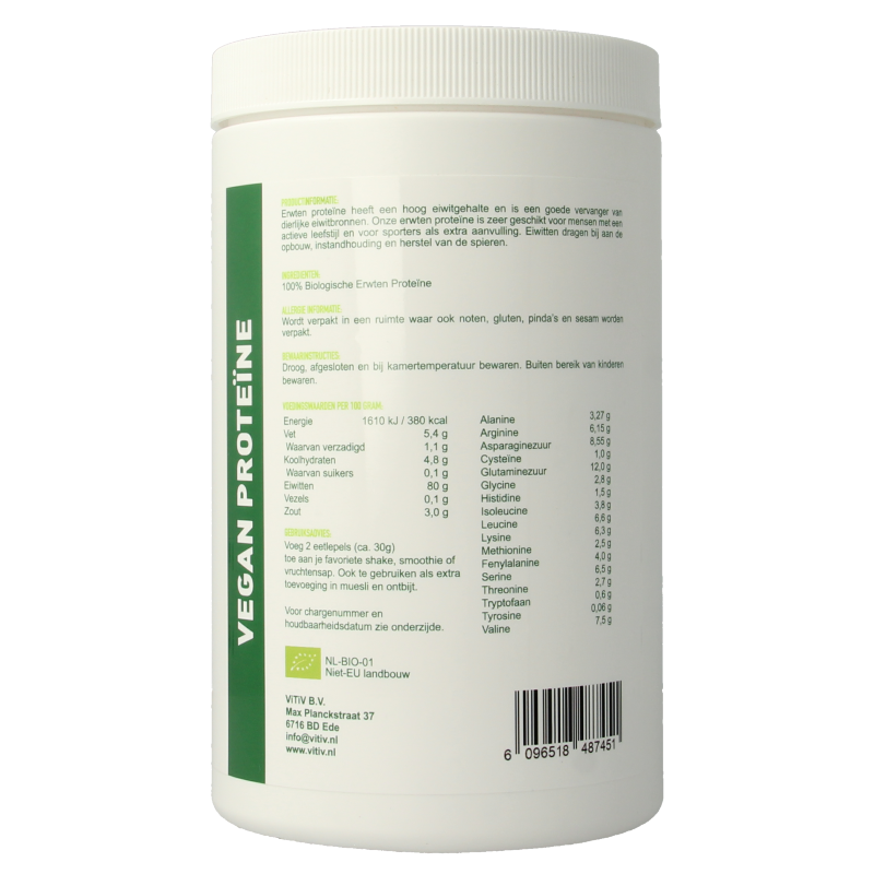 Vitiv vegan organic pea protein powder 80% amino acids, 350g package showing the product label and packaging details.