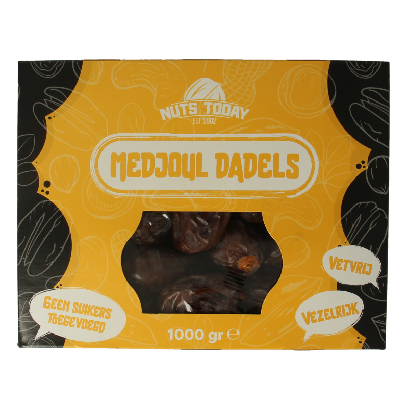 Premium Medjoul dates from Nuts Today, 1000 grams, showcasing ripe, glossy dates in a natural fruit display.