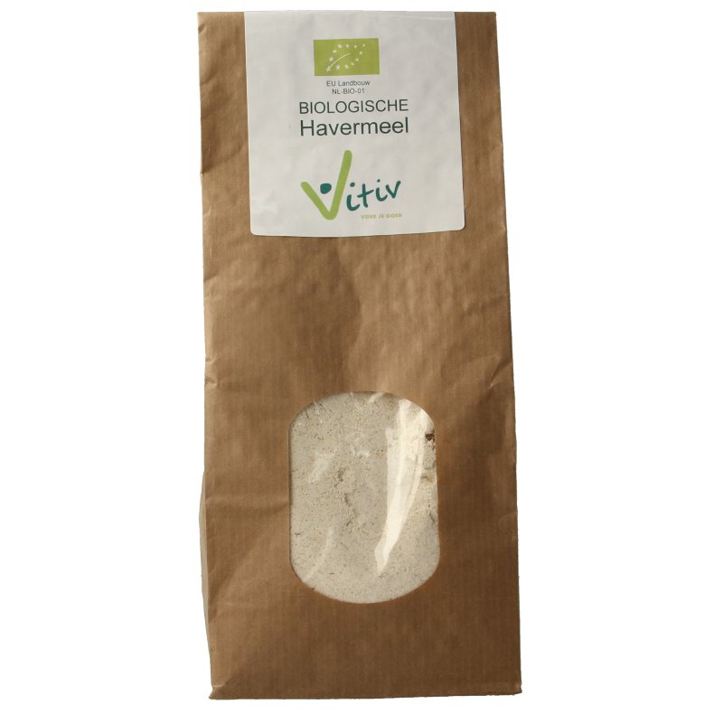 Vitiv Havermeel bio, 500 grams, organic oat flour, in a clear package with a label showing product details.
