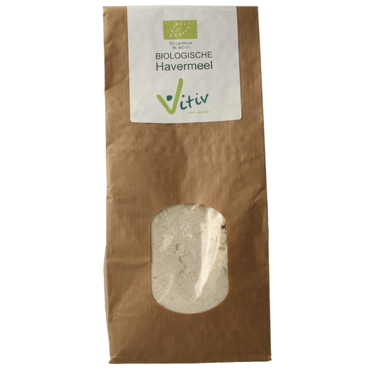Vitiv Havermeel bio, 500 grams, organic oat flour, in a clear package with a label showing product details.