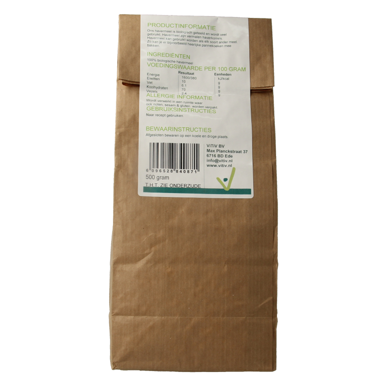 Vitiv bio havermeel in a 500g package, natural whole grain breakfast cereal with a close-up view of the product.