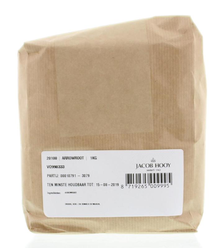 Jacob Hooy arrowroot powder in a 1kg package, used as a natural kitchen ingredient for thickening and cooking.