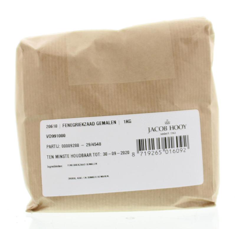 Ground fenugreek from Jacob Hooy in a 1kg package, a versatile herb used in spices, cooking, and meal preparation.