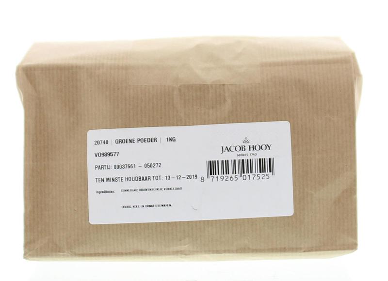 Jacob Hooy green powder in a 1kg container, herbal mix for cooking and health, shown in a clear jar with green powder inside.
