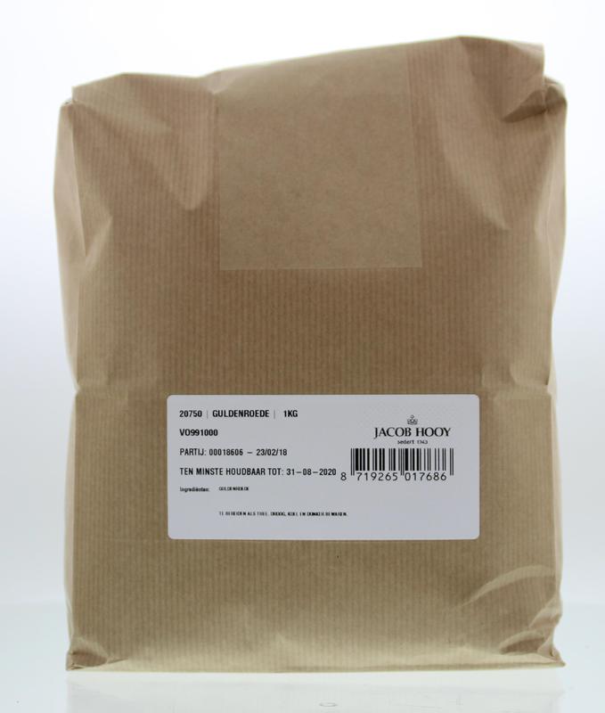 Sliced Jacob Hooy Guldenroede herbs in a 1kg package, used as a seasoning or meal ingredient for natural flavor enhancement.
