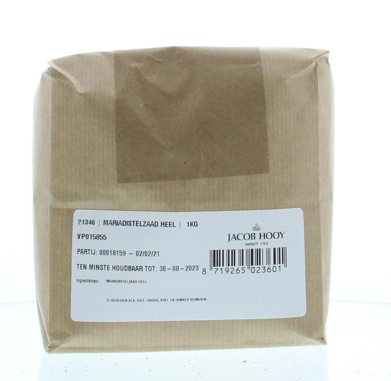 Jacob Hooy Mariadistelzaad in a 1 kg bag, herbal seeds for health and cooking, displayed in a clear package.