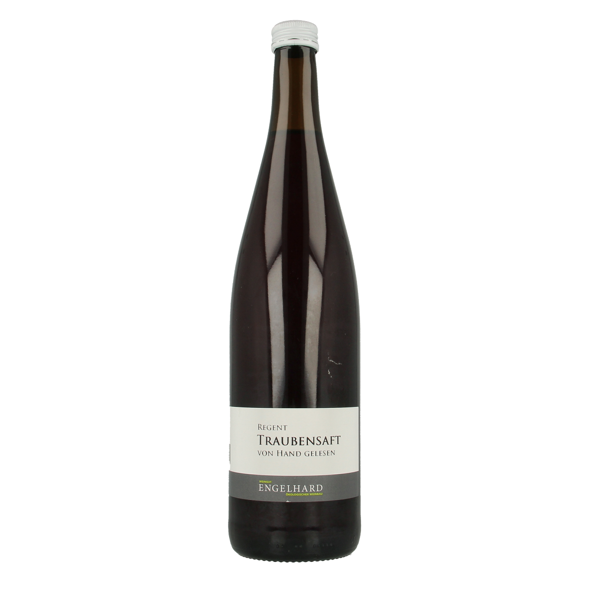 Bottle of Wein Engelhard organic red grape juice, 750ml, in clear glass with label visible, in a natural setting.