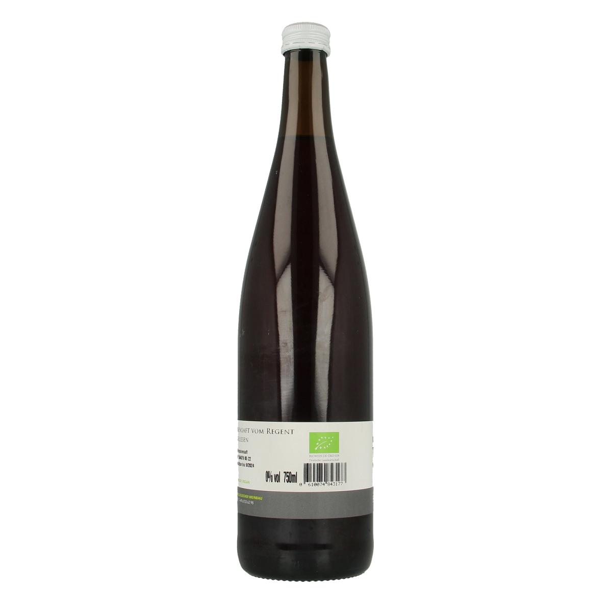 Bottle of Wein Engelhard organic red grape juice, 750ml, in a clear glass bottle with a colorful label, on a white background.