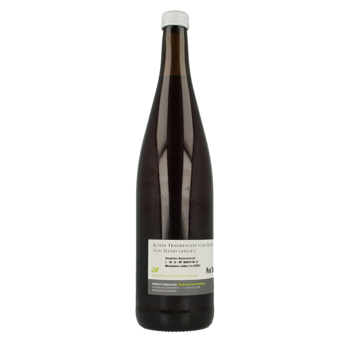 Bottle of Wein Engelhard organic red grape juice, 750ml, in a clear glass bottle with a label showing grapes and brand name.