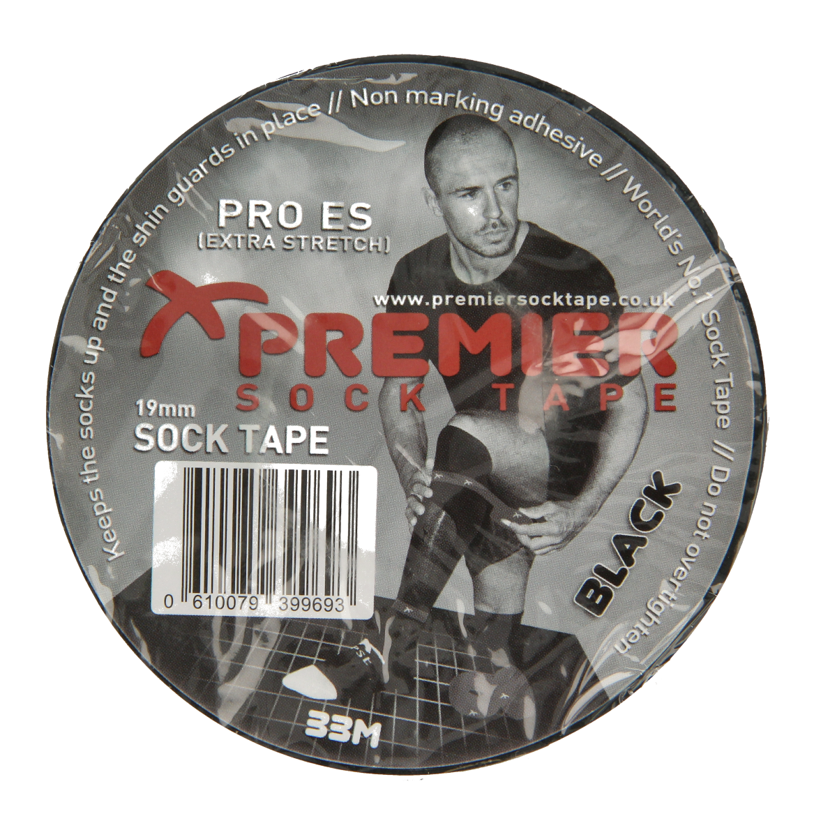 Premier Kousentape zwart 33m x 19mm, black elastic sock tape, shown in a close-up image.