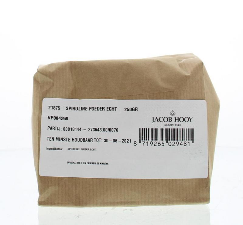 Jar of Jacob Hooy Spirulina powder, 250g, a green superfood supplement in a clear plastic container with a label.