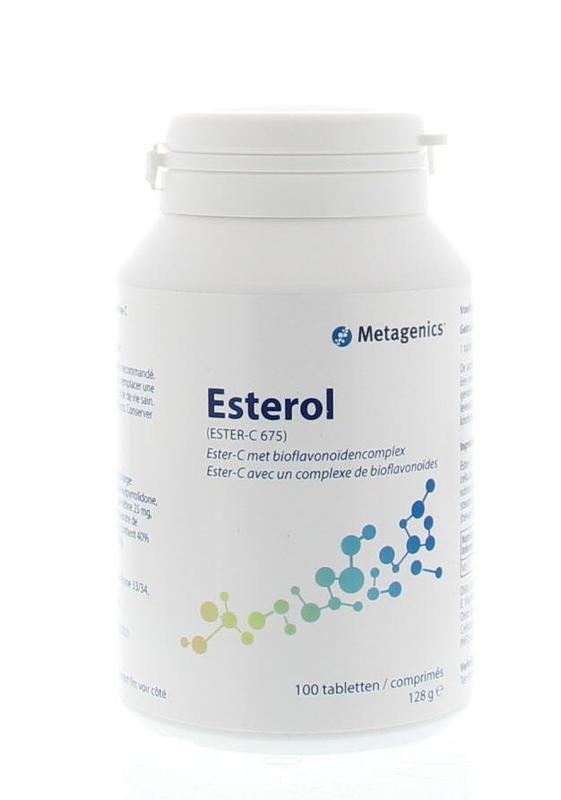 Metagenics Esterol C 675 vitamin supplement with 100 tablets, featuring orange-flavored chewable tablets for immune support.