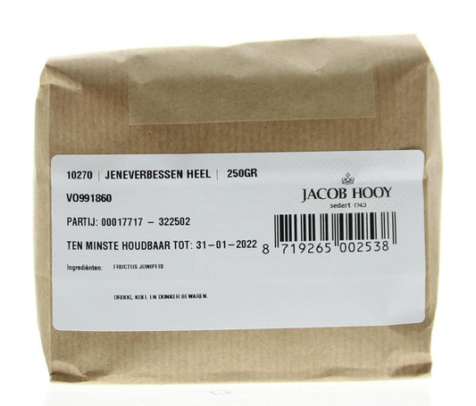 Jar of Jacob Hooy Jeneverbessen, 250g, premium-quality juniper berries for culinary and herbal use.
