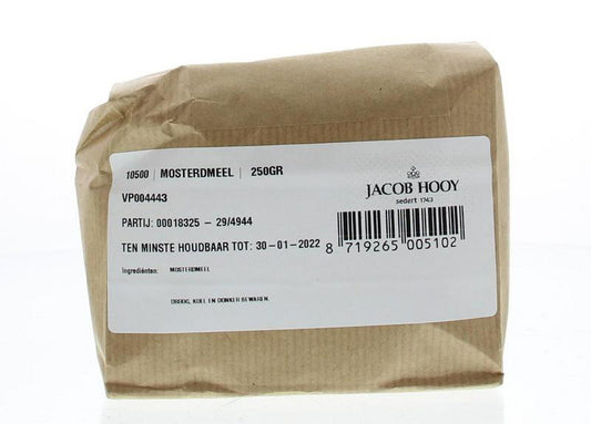 Jacob Hooy mustard flour in a 250g package, used as a spice or ingredient in cooking, shown in a clear image.