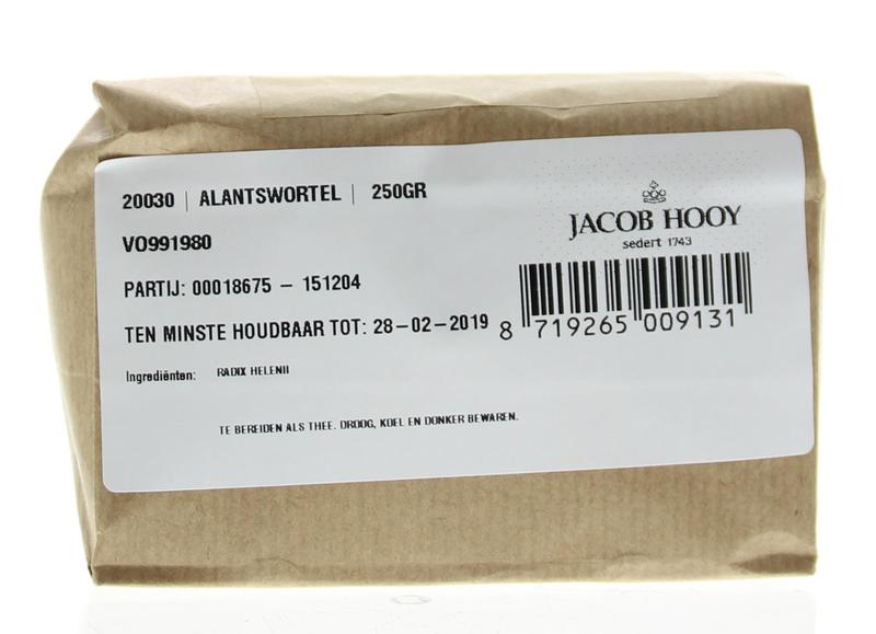 Jacob Hooy Alantswortel, 250g herbal root spice in a clear jar, part of kruiden, zouten en maaltijdmixen collection.