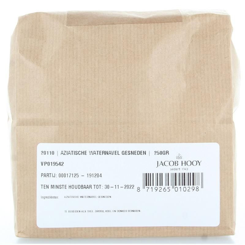 Sliced Asian waternavel herbal mix by Jacob Hooy in a 250g package, used in cooking and herbal remedies.